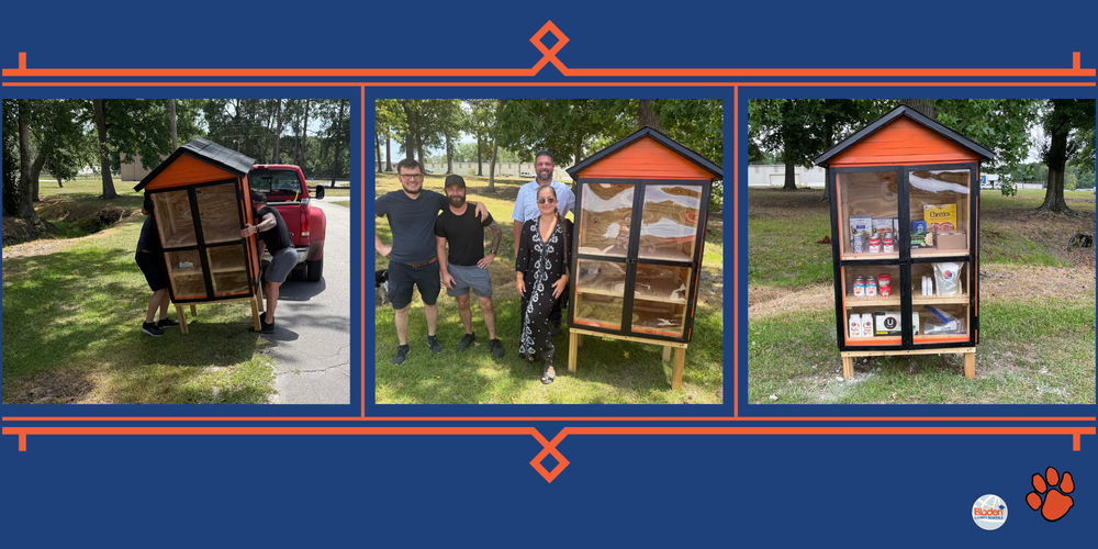A dark blue graphic containing three images. The first is two men setting up a food pantry on the side of the driveway. The second photo is of 2 volunteers, the Elizabethtown Middle School principal and Community Schools coordinator, and the third picture is of a stocked food pantry.