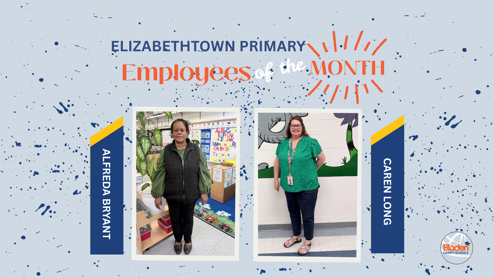 School graphic announcing “Employees of the Month” with two staff portraits centered on a gray background with navy accents and school branding. Each employees name and school are displayed alongside their photo.