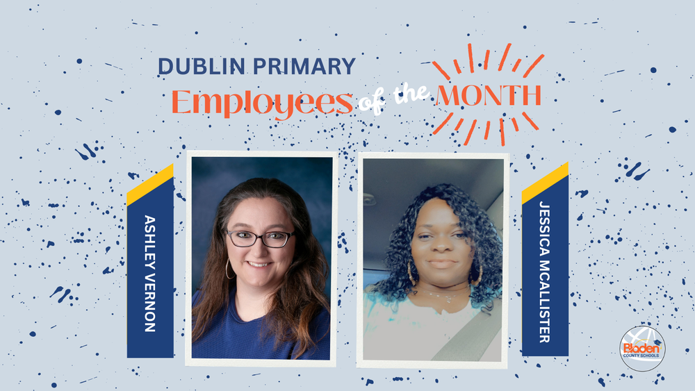 School graphic announcing “Employees of the Month” with two staff portraits centered on a gray background with navy accents and school branding. Each employees name and school are displayed alongside their photo.