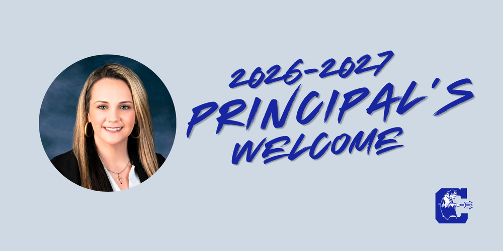 Light blue graphic with round formal headshot of female school administrator. Next to the photo it reads, "2026-2027 Principal's Welcome" and just below that in the bottom right corner is the Clarkton School of Discovery logo.