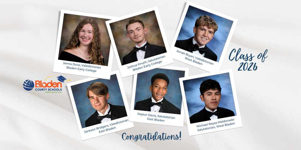 Collage of six Class of 2026 valedictorians and salutatorians from Bladen County Schools, congratulated