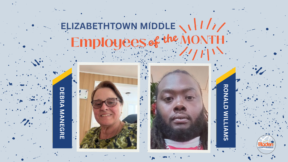 School graphic announcing “Employees of the Month” with two staff portraits centered on a gray background with navy accents and school branding. Each employees name and school are displayed alongside their photo.