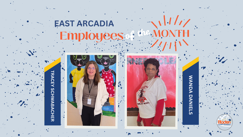 School graphic announcing “Employees of the Month” with two staff portraits centered on a gray background with navy accents and school branding. Each employees name and school are displayed alongside their photo.