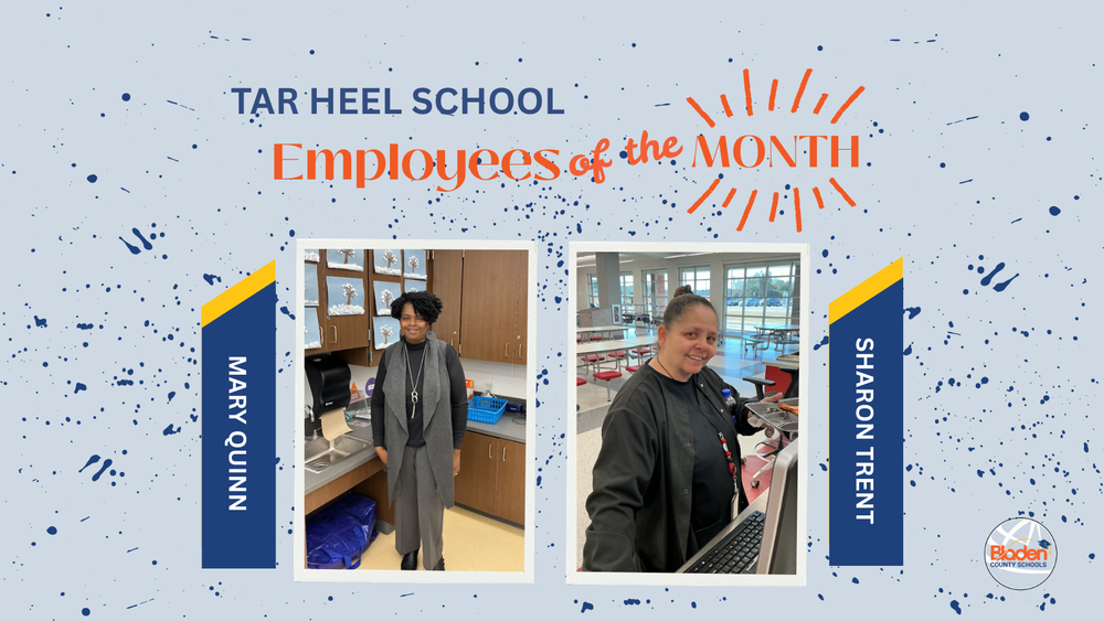 School graphic announcing “Employees of the Month” with two staff portraits centered on a gray background with navy accents and school branding. Each employees name and school are displayed alongside their photo.