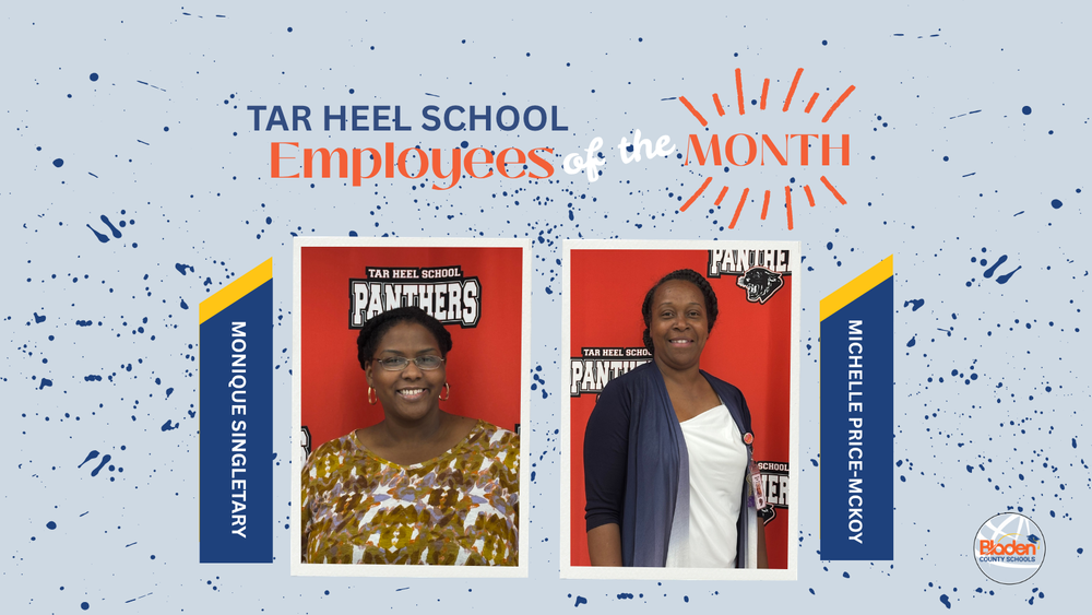 School graphic announcing “Employees of the Month” with two staff portraits centered on a gray background with navy accents and school branding. Each employees name and school are displayed alongside their photo.