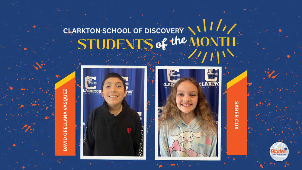 School graphic announcing “Students of the Month” with two student portraits centered on a blue background with orange accents and school branding. Each student’s name and school are displayed alongside their photo.
