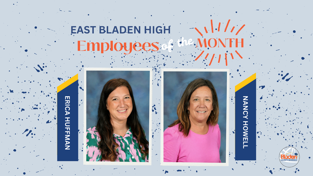 School graphic announcing “Employees of the Month” with two staff portraits centered on a gray background with navy accents and school branding. Each employees name and school are displayed alongside their photo.