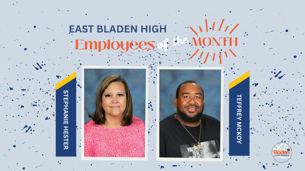 School graphic announcing “Employees of the Month” with two staff portraits centered on a gray background with navy accents and school branding. Each employees name and school are displayed alongside their photo.