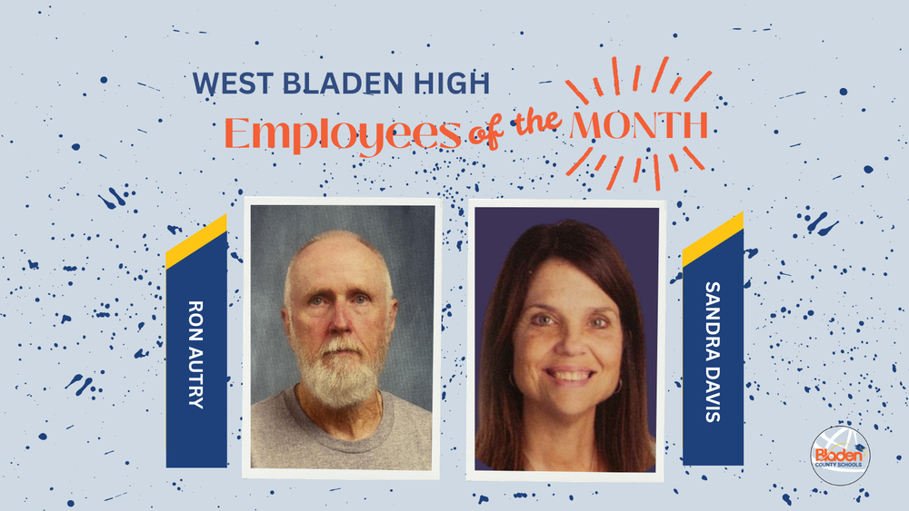 School graphic announcing “Employees of the Month” with two staff portraits centered on a gray background with navy accents and school branding. Each employees name and school are displayed alongside their photo.