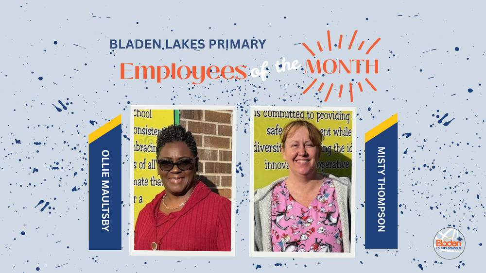 School graphic announcing “Employees of the Month” with two staff portraits centered on a gray background with navy accents and school branding. Each employees name and school are displayed alongside their photo.