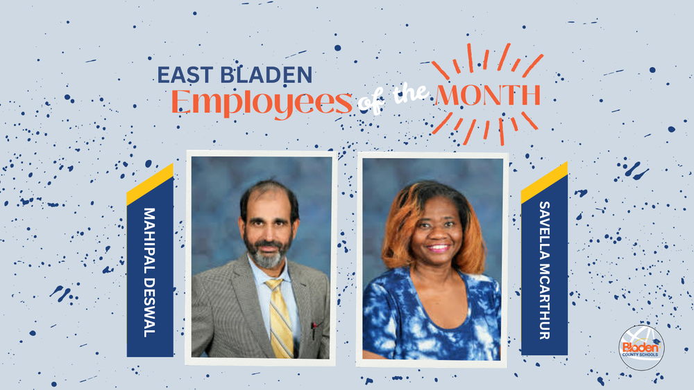 School graphic announcing “Employees of the Month” with two staff portraits centered on a gray background with navy accents and school branding. Each employees name and school are displayed alongside their photo.