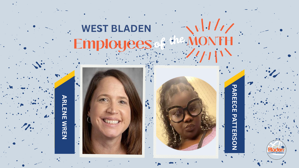 School graphic announcing “Employees of the Month” with two staff portraits centered on a gray background with navy accents and school branding. Each employees name and school are displayed alongside their photo.