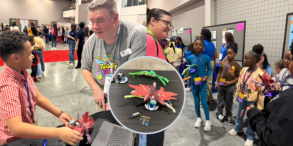 Students present creative STEM projects to adults at a busy exhibition, showcasing prototypes