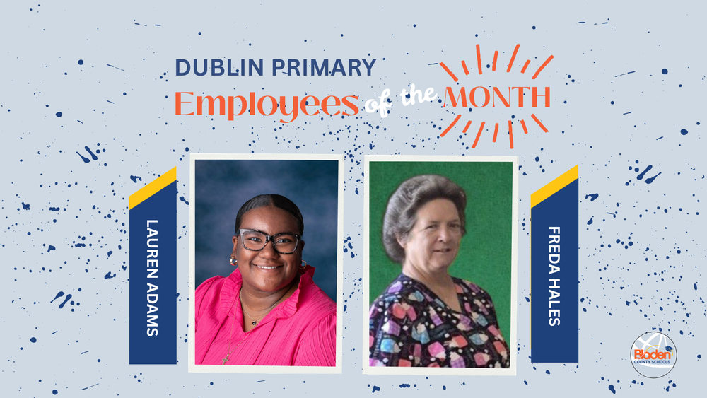 School graphic announcing “Employees of the Month” with two staff portraits centered on a gray background with navy accents and school branding. Each employees name and school are displayed alongside their photo.