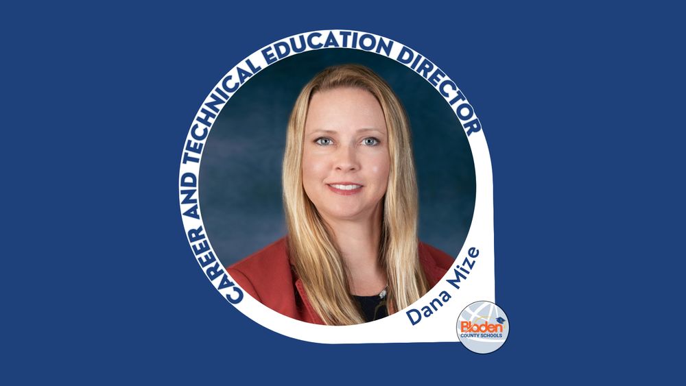 Portrait of Dana Mize, Career and Technical Education Director for Bladen County Schools, in circular frame on blue background.