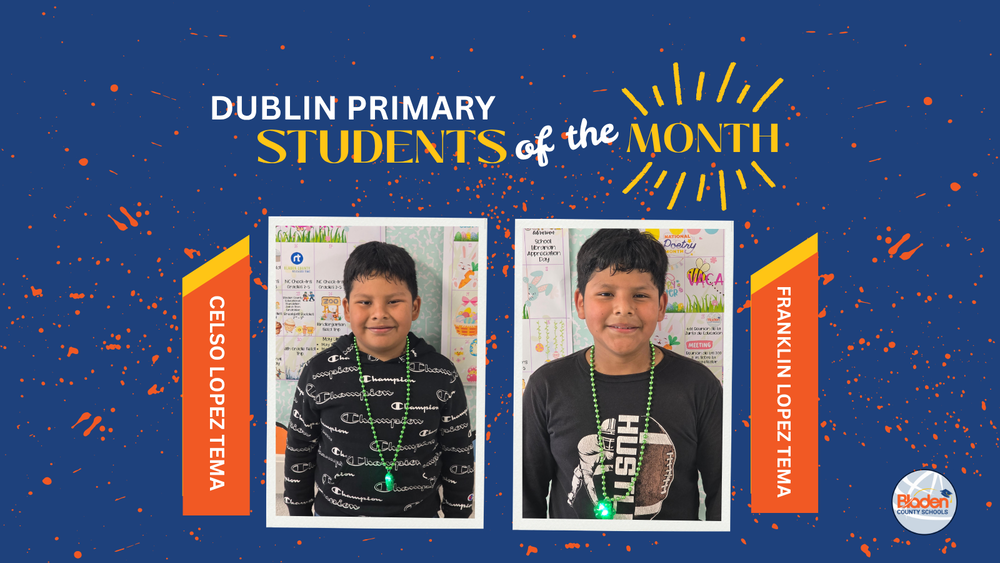 School graphic announcing “Students of the Month” with two student portraits centered on a blue background with orange accents and school branding. Each student’s name and school are displayed alongside their photo.