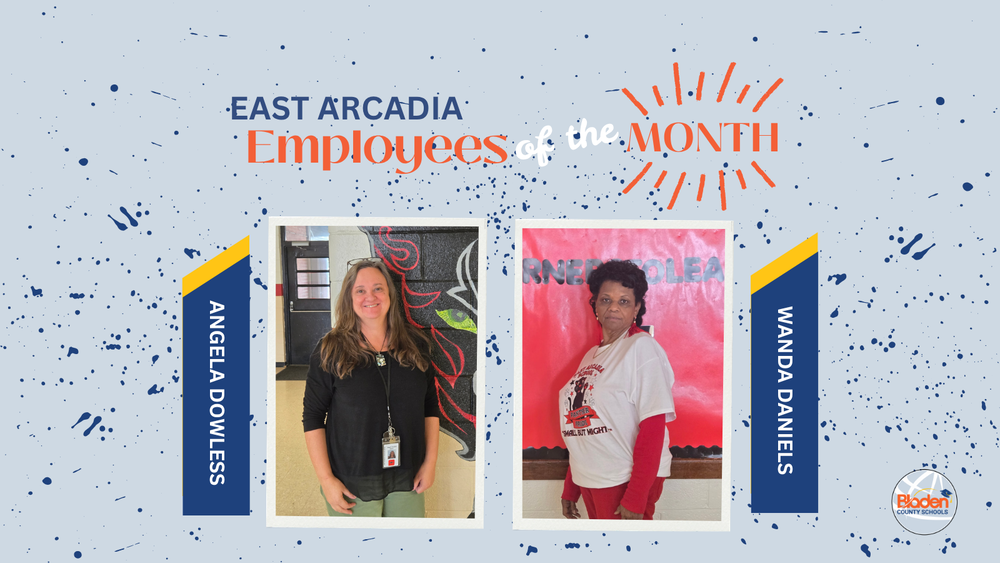 School graphic announcing “Employees of the Month” with two staff portraits centered on a gray background with navy accents and school branding. Each employees name and school are displayed alongside their photo.
