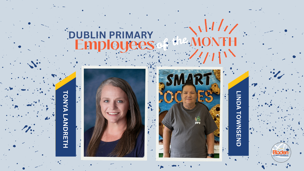 School graphic announcing “Employees of the Month” with two staff portraits centered on a gray background with navy accents and school branding. Each employees name and school are displayed alongside their photo.
