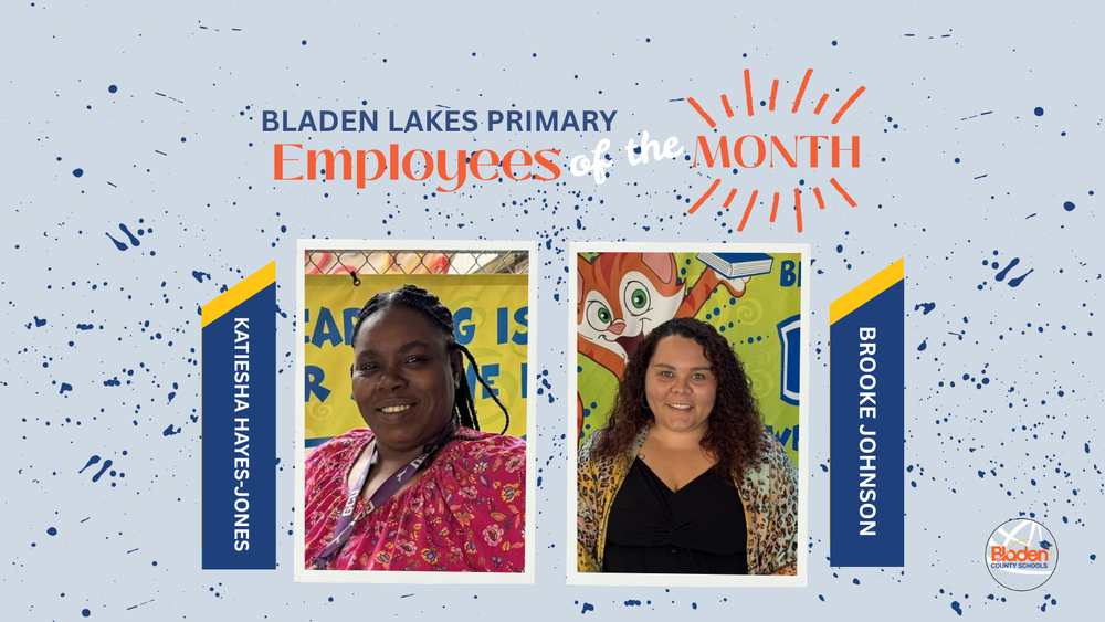 School graphic announcing “Employees of the Month” with two staff portraits centered on a gray background with navy accents and school branding. Each employees name and school are displayed alongside their photo.