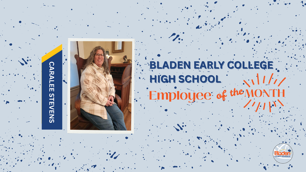 School graphic announcing “Employees of the Month” with two staff portraits centered on a gray background with navy accents and school branding. Each employees name and school are displayed alongside their photo.
