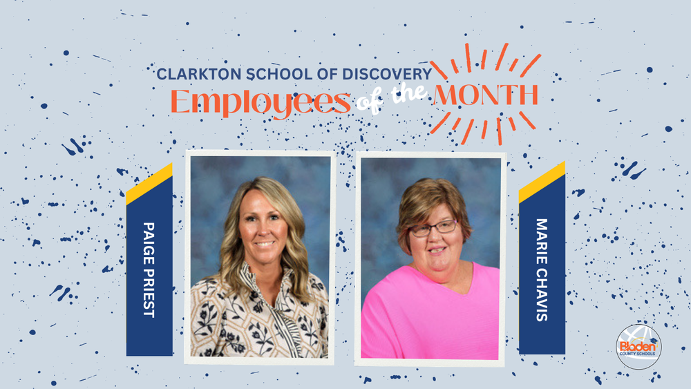 School graphic announcing “Employees of the Month” with two staff portraits centered on a gray background with navy accents and school branding. Each employees name and school are displayed alongside their photo.