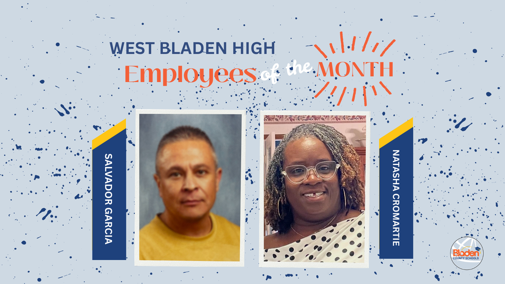 School graphic announcing “Employees of the Month” with two staff portraits centered on a gray background with navy accents and school branding. Each employees name and school are displayed alongside their photo.