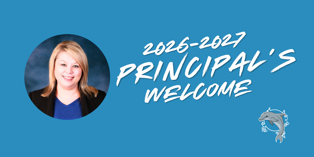 Teal graphic with a round formal headshot of female school administrator on the right side, with the words "2026-2027 Principal's Welcome"  to the right of the photo. In the bottom right corner is the Elizabethtown Primary School logo.