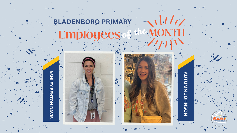  School graphic announcing “Employees of the Month” with two staff portraits centered on a gray background with navy accents and school branding. Each employees name and school are displayed alongside their photo.