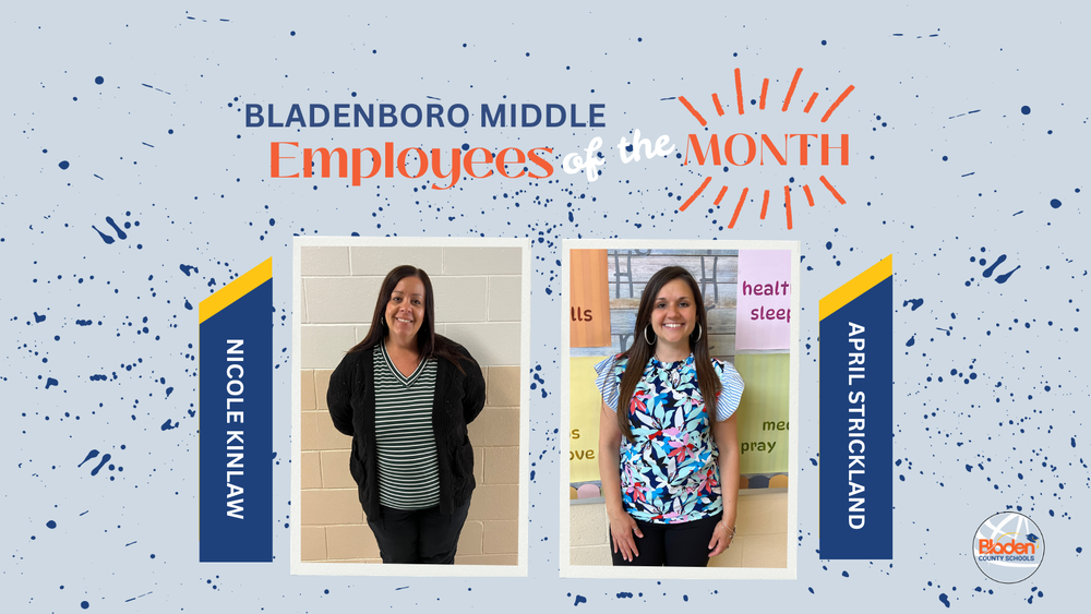 School graphic announcing “Employees of the Month” with two staff portraits centered on a gray background with navy accents and school branding. Each employees name and school are displayed alongside their photo.