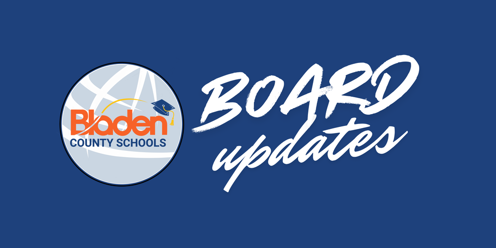 Dark blue graphic with Bladen County Schools globe logo and the words Board Updates.