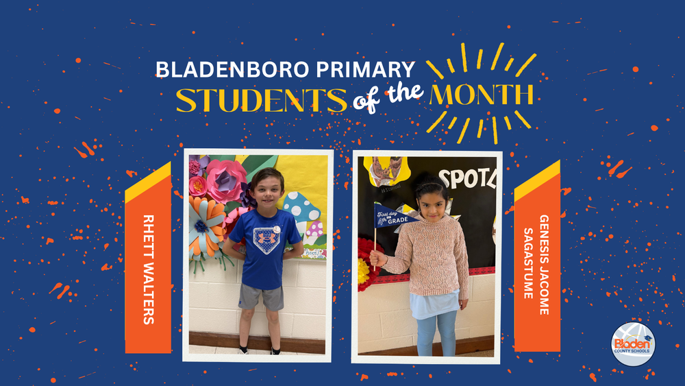 School graphic announcing “Students of the Month” with two student portraits centered on a blue background with orange accents and school branding. Each student’s name and school are displayed alongside their photo.