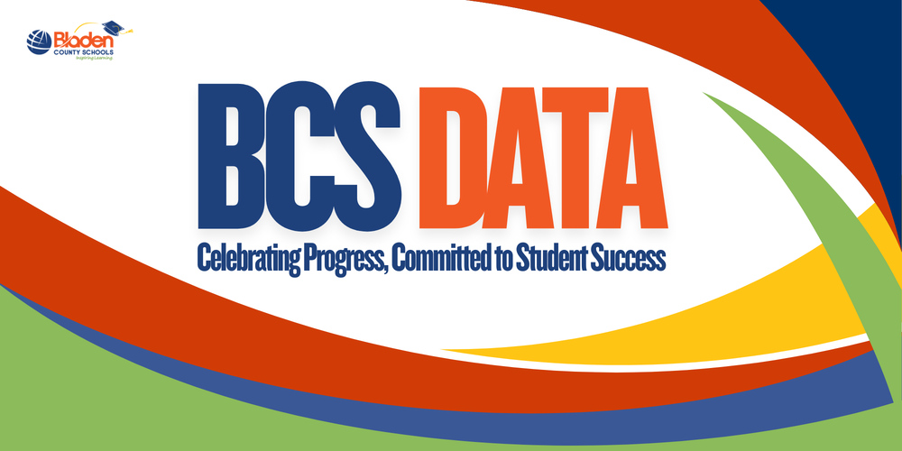 Curved lines in dark blue, orange, yellow and green. The words BCS Data Celebrating, Progress, Committed to Student Success.