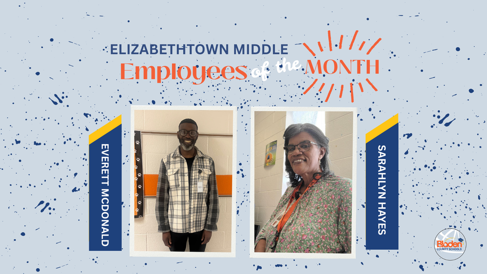 School graphic announcing “Employees of the Month” with two staff portraits centered on a gray background with navy accents and school branding. Each employees name and school are displayed alongside their photo.