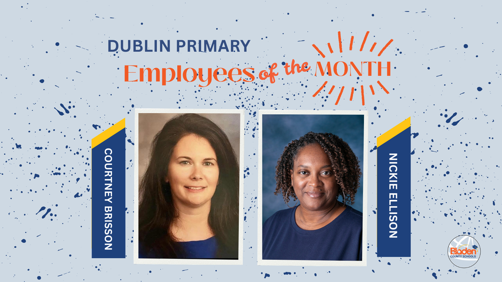 School graphic announcing “Employees of the Month” with two staff portraits centered on a gray background with navy accents and school branding. Each employees name and school are displayed alongside their photo.