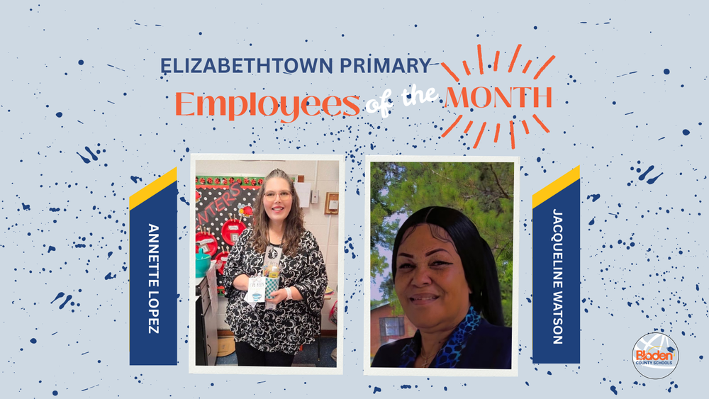 School graphic announcing “Employees of the Month” with two staff portraits centered on a gray background with navy accents and school branding. Each employees name and school are displayed alongside their photo.