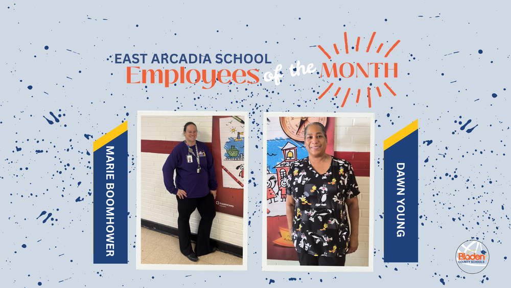 School graphic announcing “Employees of the Month” with two staff portraits centered on a gray background with navy accents and school branding. Each employees name and school are displayed alongside their photo.