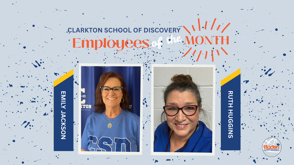 School graphic announcing “Employees of the Month” with two staff portraits centered on a gray background with navy accents and school branding. Each employees name and school are displayed alongside their photo.