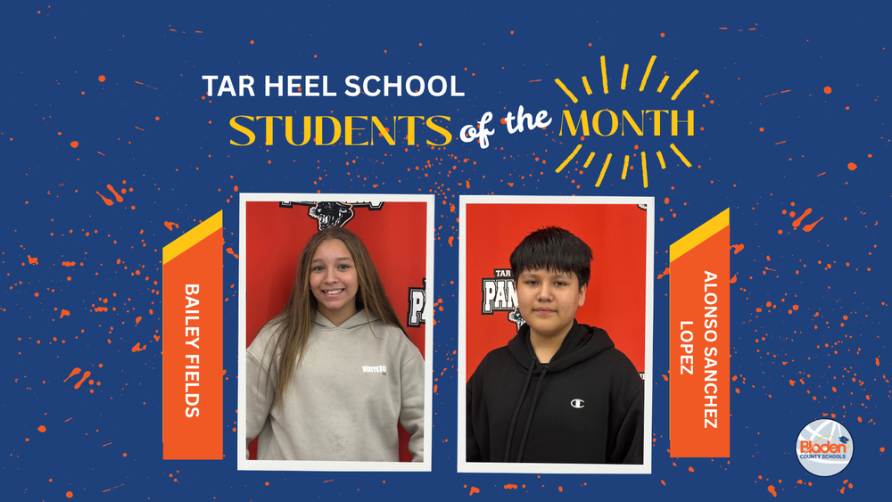 School graphic announcing “Students of the Month” with two student portraits centered on a blue background with orange accents and school branding. Each student’s name and school are displayed alongside their photo.