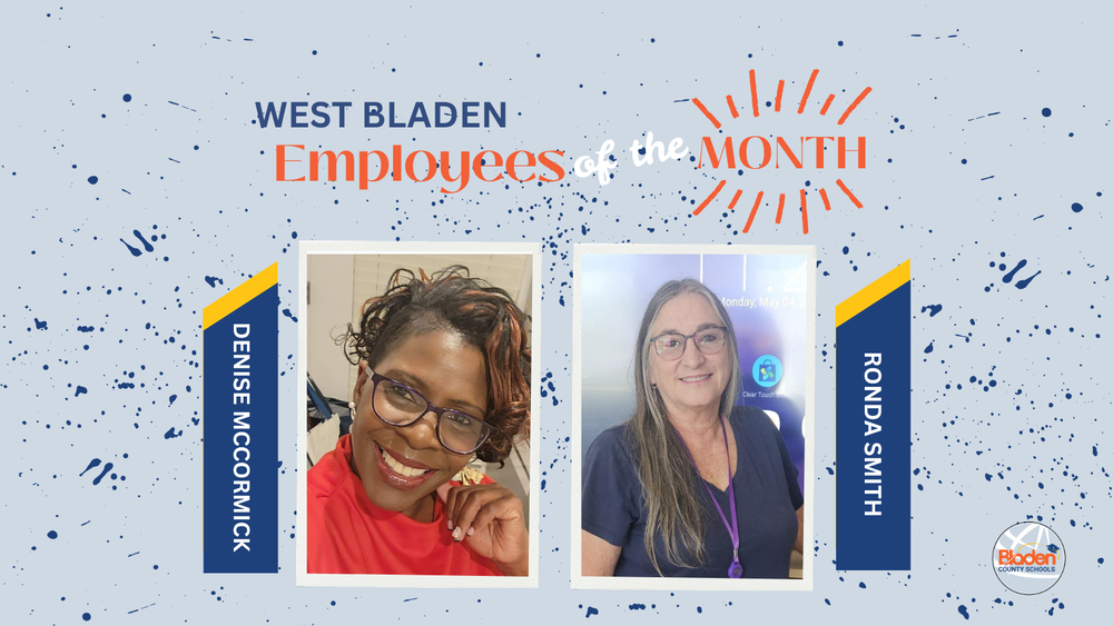 School graphic announcing “Employees of the Month” with two staff portraits centered on a gray background with navy accents and school branding. Each employees name and school are displayed alongside their photo.