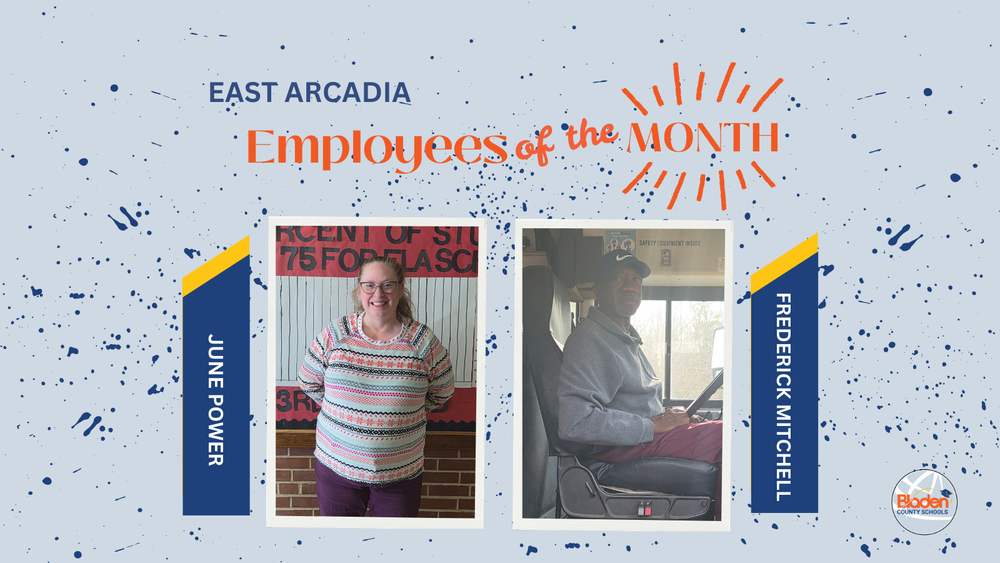 School graphic announcing “Employees of the Month” with two staff portraits centered on a gray background with navy accents and school branding. Each employees name and school are displayed alongside their photo.