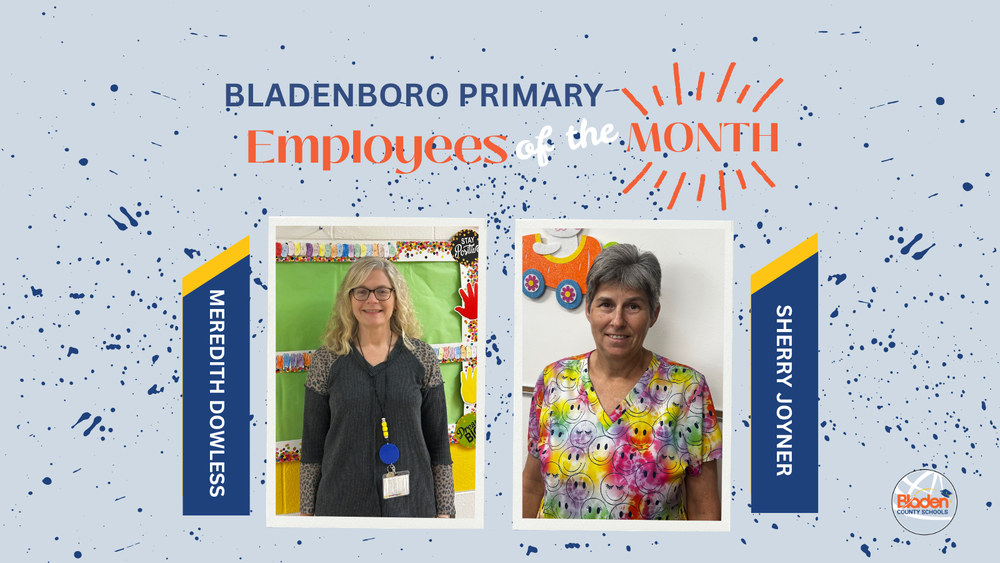 School graphic announcing “Employees of the Month” with two staff portraits centered on a gray background with navy accents and school branding. Each employees name and school are displayed alongside their photo.