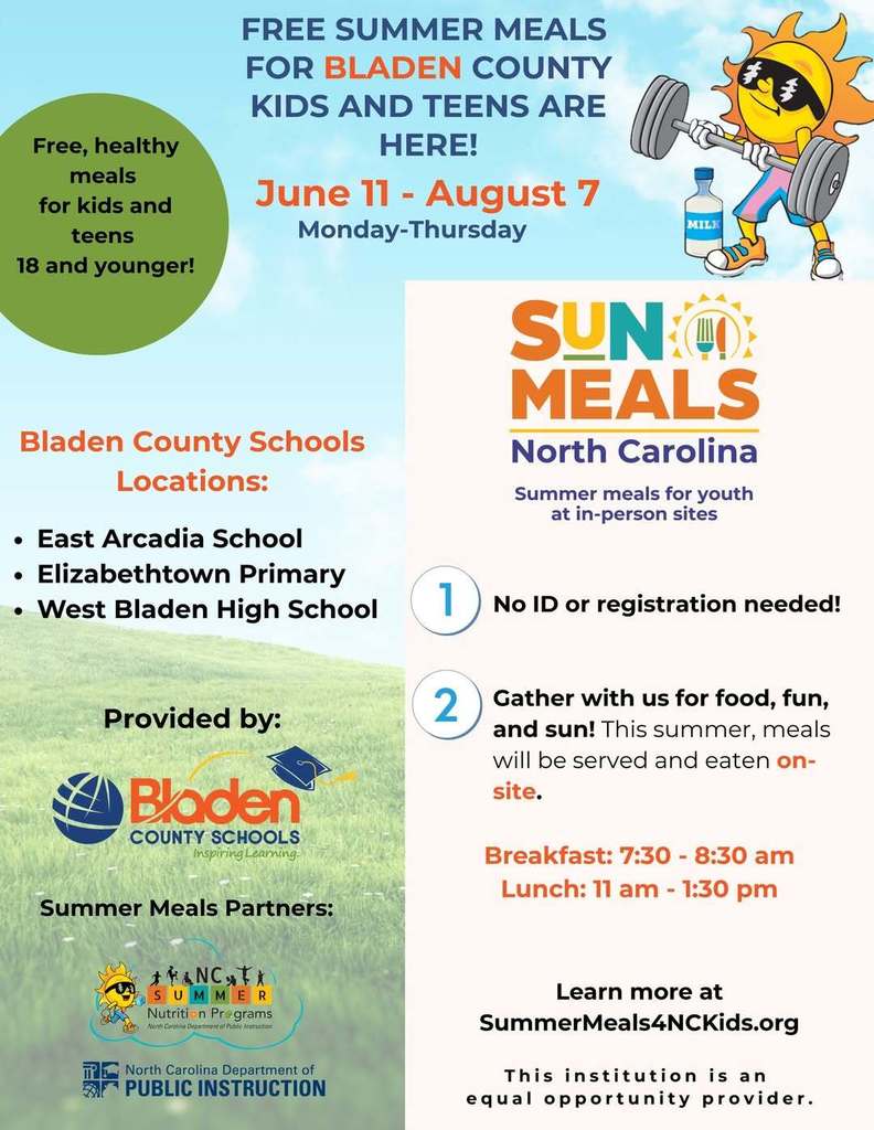 Free Summer Meals June 11-August 7 Monday-Thursday