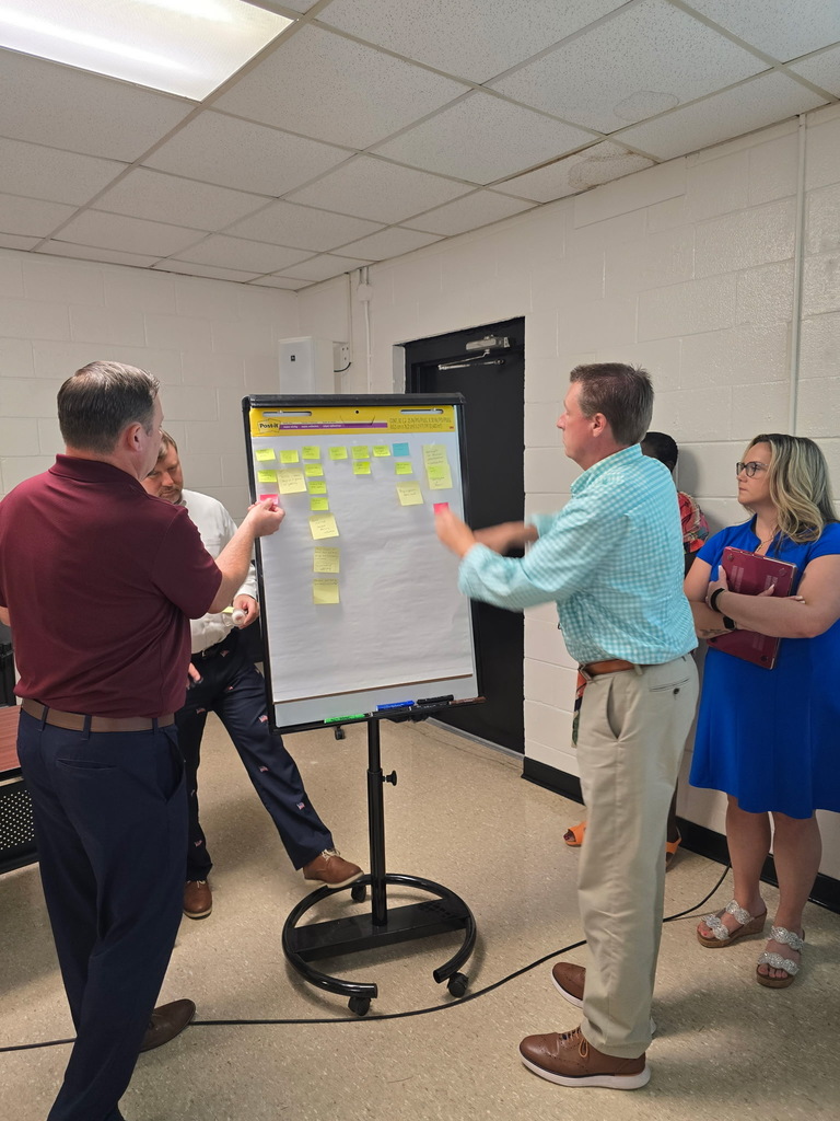 Four school leaders participate in a collaborative planning session, organizing colorful sticky notes on a large easel pad during a leadership meeting. One facilitator gestures while others listen and contribute, highlighting teamwork and preparation for the upcoming school year.
