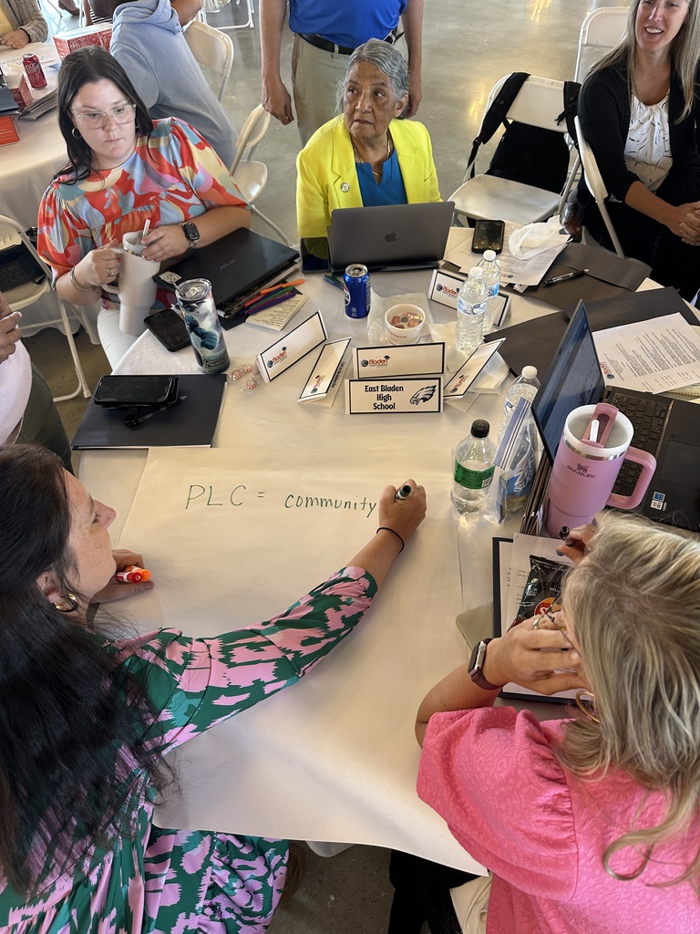East Bladen High School team writing “PLC = community” on chart paper during group activity.
