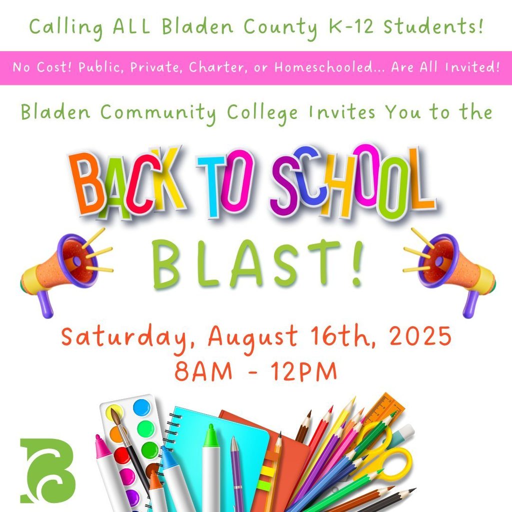 Graphic for Bladen Community College’s Back-to-School Blast on Saturday, August 16, 2025, from 8 a.m.–12 p.m., inviting all Bladen County K–12 students to pick up free school supplies. Colorful text, megaphone icons, and school supply illustrations are featured.Graphic for Bladen Community College’s Back-to-School Blast on Saturday, August 16, 2025, from 8 a.m.–12 p.m., inviting all Bladen County K–12 students to pick up free school supplies. Colorful text, megaphone icons, and school supply illustrations are featured.