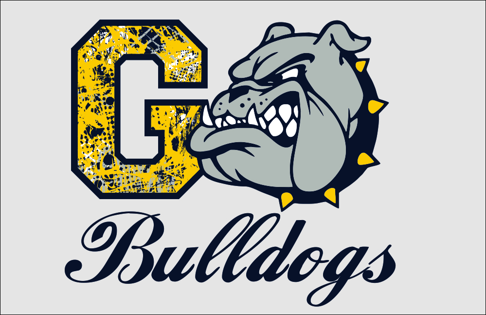 This image appears to be a school or team logo for the “Bulldogs.” It features: 	•	A large, stylized letter “G” with a distressed yellow and navy pattern. 	•	The head of a bulldog with a spiked collar, drawn in gray, navy, and yellow, showing a fierce expression. 	•	The word “Bulldogs” in an elegant, cursive script beneath the logo.