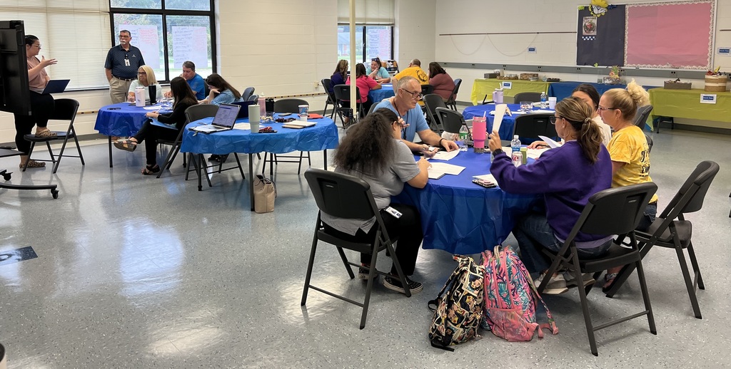 Images of teachers sitting around tables in professional development sessions