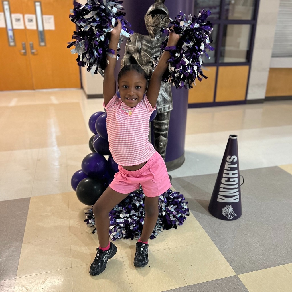 Young girl in pink shorts and checkered shirt poses with purple and silver pom-poms at school event.