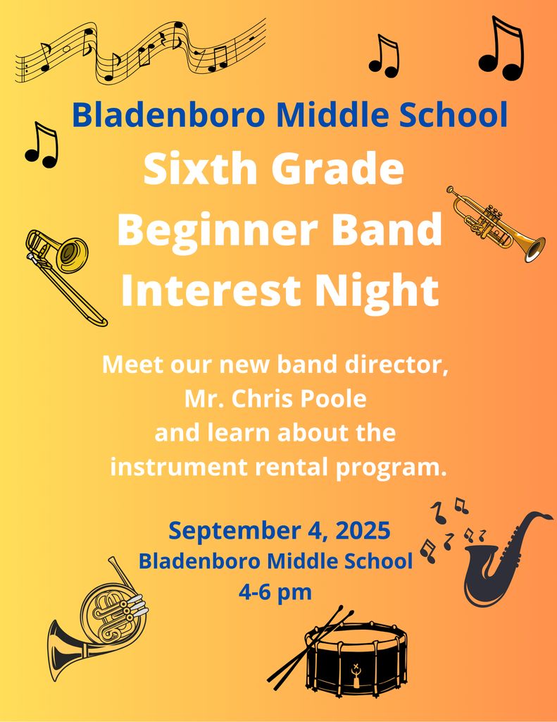 flyer for bladenboro middle school beginner band night orange and yellow with images of band instruments