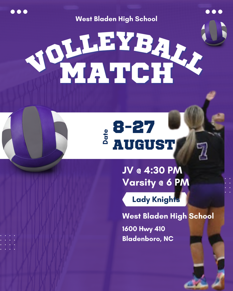 Game On! 🏐 💜 ⚔️ Come out and support your West Bladen Lady Knights as they take on our crosstown rivals, the East Bladen Eagles! When: Wednesday, August 27 Where: West Bladen High School Matchup: West Bladen vs. East Bladen Let’s pack the Castle and cheer on our Lady Knights! #WestBladenKnights #LadyKnights #GameDay #KnightPride #WeAreWB